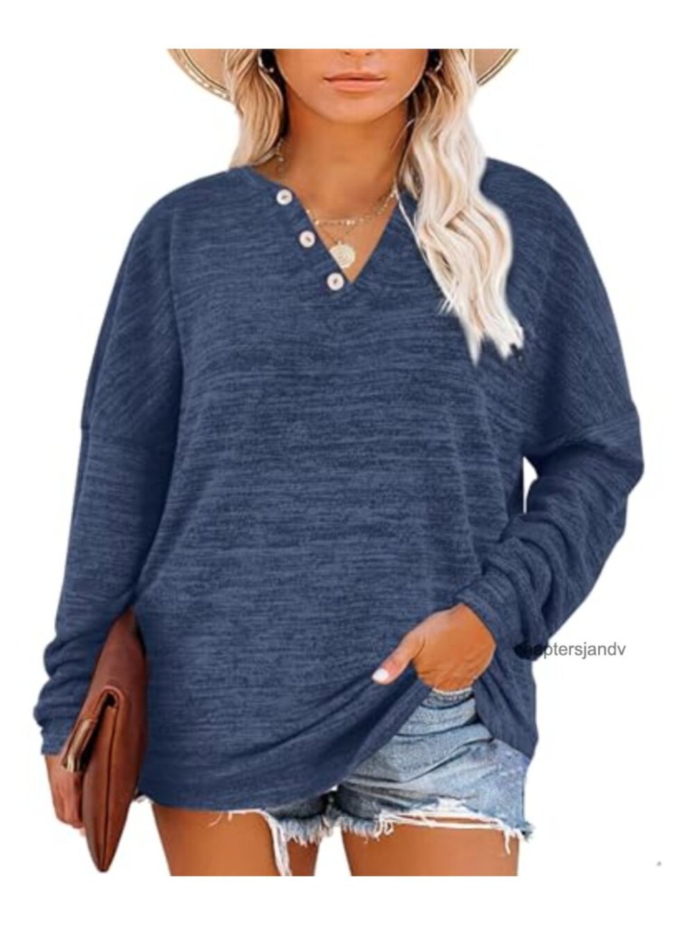 Womens Plus Size Henley Tunic Top Long Sleeve Button V Neck Loose Fit Sweatshirt